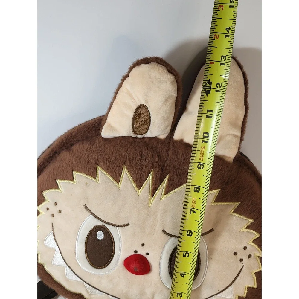 Plush Monster Character Faux Fur Backpack Brown Embroidered Face Red Nose